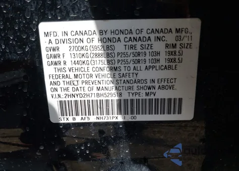 2011 Acura Mdx Advance Package z USA, uszkodzony, nr VIN 2HNYD2H71BH529518